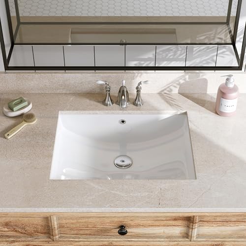 HOROW Undermount Bathroom Sink, 21.6" x 15.7" Rectangular Undermount Sink, Glazed Ceramic Lavatory Vanity Sink Under Counter, Modern White Square Vessel Sinks with Overflow Drain