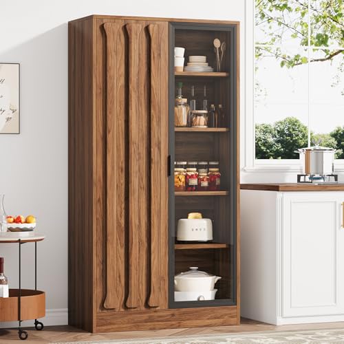 Condemo 70” Tall Wine Bar Cabinet with Wine Rack & Glass Holders, Liquor Cabinets with Doors & Shelves, Kitchen Pantry Cabinet for Kitchen, Dining Room, Living Room (Dark Walnut) - Thumbnail 4