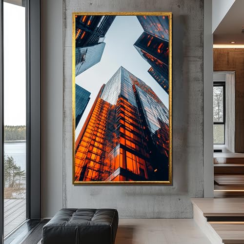 Tableau moderne urbain orange et bleu 30x50 cm pour salon