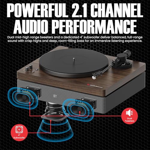 Image of AudioSource Vinyl Record Player, All-in-one Turntable with 2.1 Channel Built-in Speaker, Bluetooth 5.4, 120W, Built-in Subwoofer, High Fidelity 2-Speed Belt Drive, Patented Isolation System, Walnut