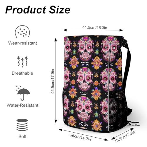 Men's Large Capacity Day Dead Colorful Sugar Skull Drawstring Backpack, Waterproof Pull String Sport Bag for Hiking Travel Gym Beach Swim2