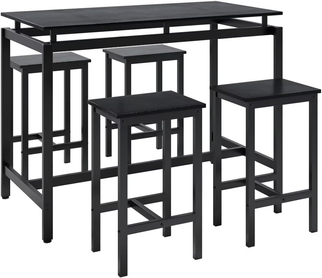 JIJIWANG 5 Pieces Dining Table Set for 4,Black Bar Table Set with 4 Bar Stools Counter Height Bar Table and Chairs Set. Pub Table Set Breakfast Table for Kitchen, Small Space, Black (1Table+4Chair