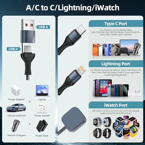 Image of Cruise Essentials 2026, 3 in 2 Multi Charging Cable for iPhone Watch Charger /iPhone 17 /IP, iWatch Charger, Travel Camping Essentials Compatible with iWatch 11-2 /Ultra /iPhone 17-8,Car (6FT, White)