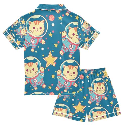 senya Happy Kittens Wearing Space Satin Summer Pajama Sets Silk Short Sleeve Button Down Sleepwear2