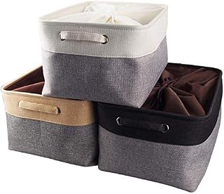 Mangata Jumbo Canvas Storage Box 3 Pack, Fabric Storage Basket with Handles & drawstring for Cupboards, Shelves, Clothes, Toys (Extra Large, Foldable, Grey Beige)