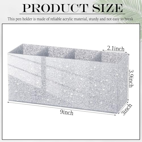 Image of Jetec Acrylic Glitter Pen Holder 4 Compartments Bling Makeup Brush Stationery Organizer Pencil Holder for Desk Accessories Sparkly Gifts for Women Birthday Valentines Desktop Workplace Office(Sliver)