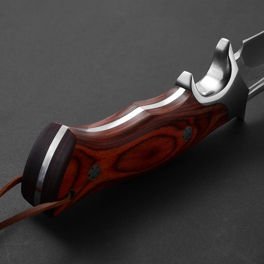 10.24" M390 Knives Hunting Knife Fixed Blade with Leather Sheath, Bushcraft Full Tang Knife Non-slip Red Coloured Wooden Handle - Image 9