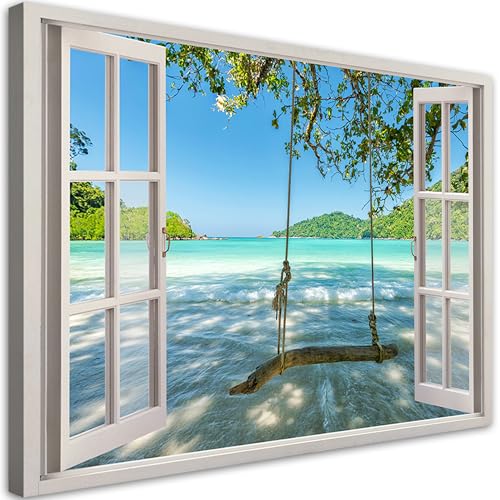 Feeby Leinwandbild - Wohnzimmer Vlies Bilder - Fensterblick Meer Natur -...