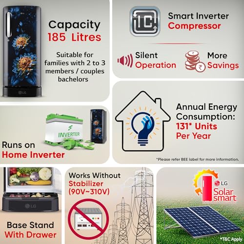 Image of LG 185 L, 5 Star, Direct-Cool, Smart Inverter Compressor, Single Door Refrigerator with Fast Ice Making (GL-D201AEFU, Ebony Florance, Runs on Home Inverter, Moist 'N' Fresh & Base stand with drawer)