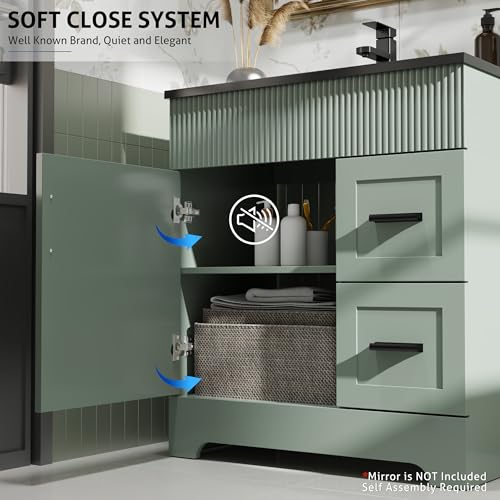 Image of eclife 30 inch Bathroom Vanities Sink Combo with Painted Surface, Modern Drawered Cabinet W /Decorative Wave Lines, Undermount Single Black Sink, Matte Black Faucet Drain, Gray Green