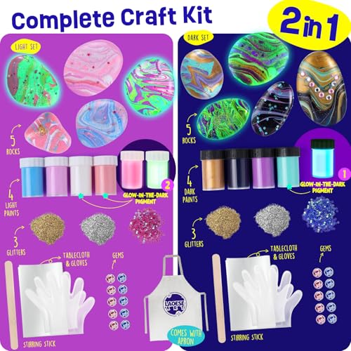 LAOESE 2 in 1 Rock Painting Art Kit - Glow in The Dark Pouring Rock Kit - Arts and Crafts for Kids Girls & Boys Ages 6-8, 8-12, Craft Paint Kits Creative Toys, Art Supplies Birthday Gift for Kids