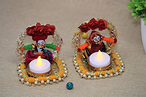 Image of JH Gallery Handmade Recycled Material Rajasthani Dolls Puppet Jharokha Tealight Candle Holder, Multicolor (1 Pair), Recycled Material
