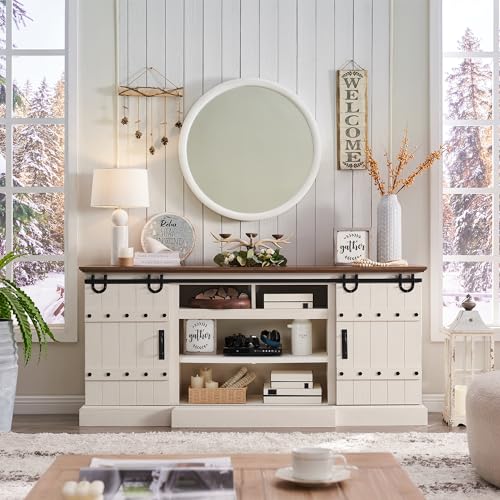OKD Farmhouse 75\" TV Stand for 80 85 Inch TV, Rustic Media Console Table with Sliding Barn Door, Large Highboy Entertainment Center with Storage Cabinet for Living Room, Bedroom, Antique White
