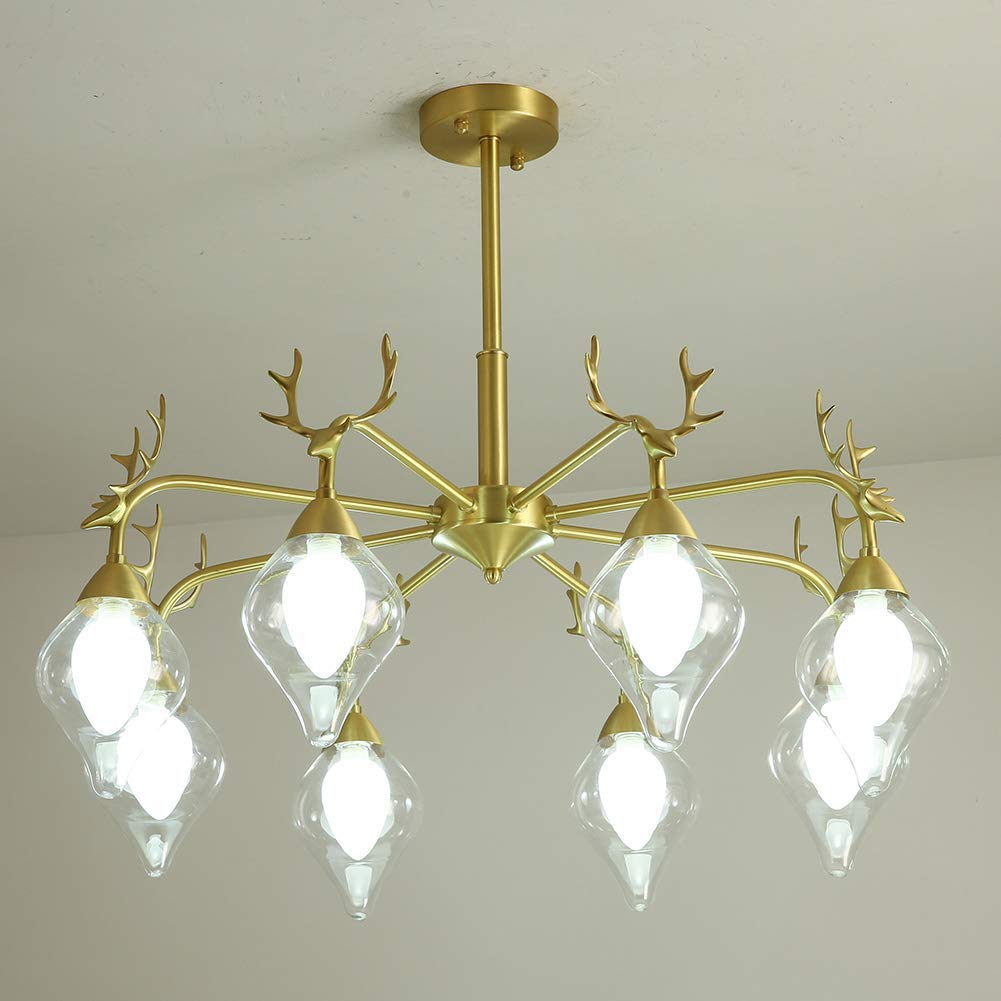 KXEcoLife Adjustable Industrial Chandelier Light Fixture 8 Lights Antler Design Brushed Brass Ceiling for Dining Room Bedroom Living Modern Home Lighting