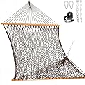 Lazy Daze Hammocks Double Rope Hammock, 2 Person Traditional Outdoor Hand Woven Cotton Rope Hammock with Spreader Bar, Chains, Tree Straps for Patio Yard - Max 450 Lbs, Dark Brown