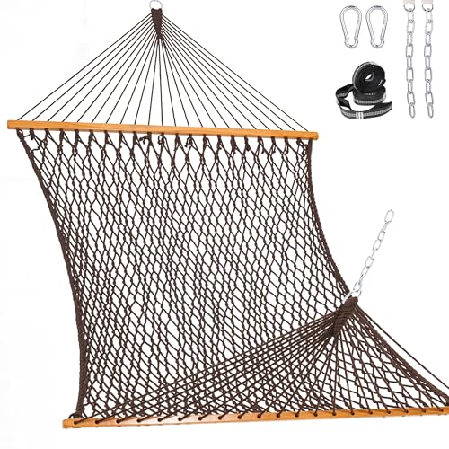 Lazy Daze Hammocks Double Rope Hammock, 2 Person Traditional Outdoor Hand Woven Cotton Rope Hammock with Spreader Bar, Chains, Tree Straps for Patio Yard - Max 450 Lbs, Dark Brown