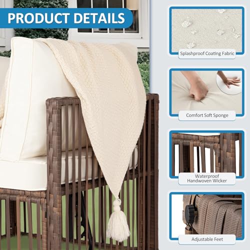 Image of FHFO 7 Pieces Outdoor Patio Furniture Set, Wicker Outdoor Sectional Conversation Couch Set with Adjustable Backrest Sofa, Thick Cushion & Coffee Table for Garden, Porch, Poolside, Brown /Beige