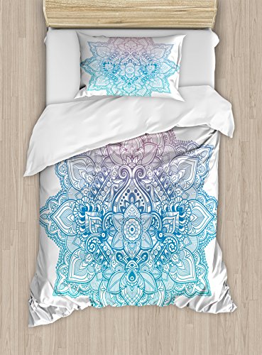 Ambesonne Lotus Duvet Cover Set, Bohemian Tattoo Style Pastel Toned
