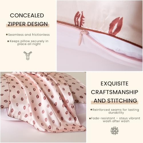 Image of THXSILK Natural Mulberry Silk Pillowcase for Hair and Skin, Grade 6A+ Dual-Sided Silk Pillow Case with Hidden Zipper, King Size 20 inchx36 inch Silk Pillow Case, 1pc, Pink Lipprint