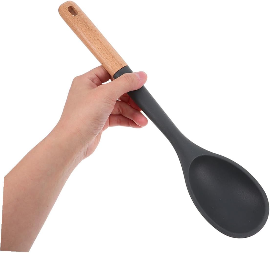 2pcs Heat Resistant Silicone Cooking Spoon with Wooden Handle Multifunctional Kitchen Utensils for Stirring Flipping Serving Nonstick Cookware Safe Comfortable Grip Food-grade