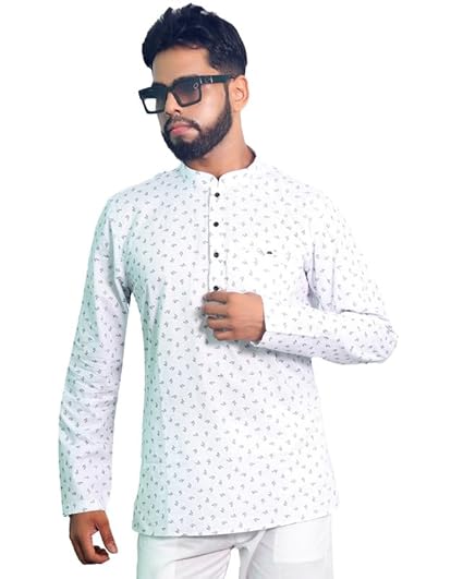 Cotton Printed White Short Kurta for Men