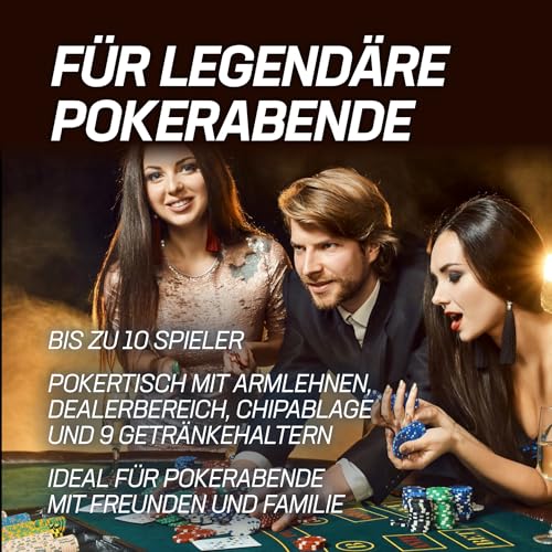 MUWO Pokertisch für 10 Spieler mit Dealerbereich und Abnehmbarer Chipablage (500 Chips), Getränkehaltern aus Edelstahl, gepolsterter Armlehne und Filzoberfläche (Blau) – Bild 4