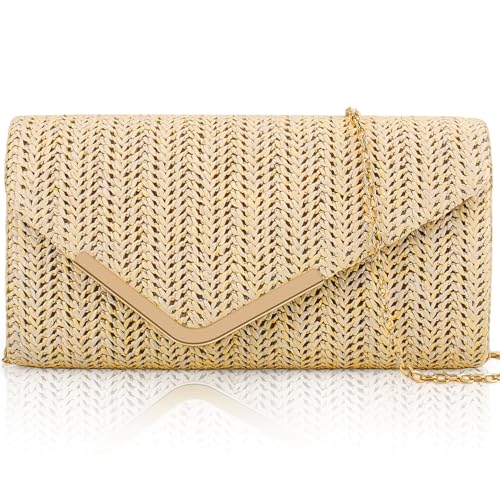 Larcenciel Sac de Plage Beige, Pochettes et Clutches Femme avec Chaîne Détachable Sac Paille Ete en Crochet, Pochette Bandoulière Femme Style Bohème pour...
