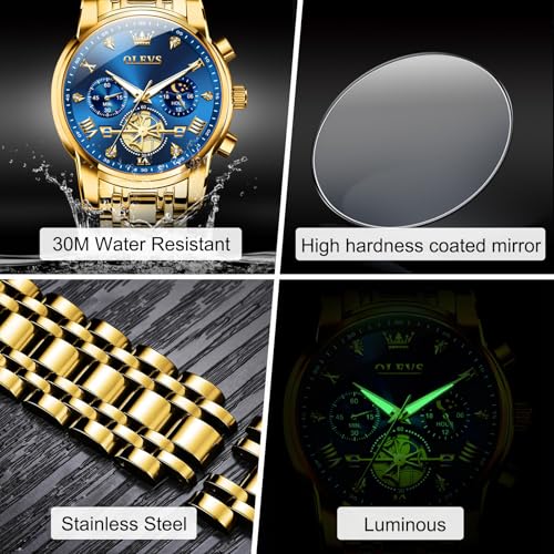 Image of OLEVS Men Watches Stainless Steel Chronograph Watch, Large Wrist Analog Quartz Watch, Fashion Waterproof Diamond Roman Numerals Dress Watches for Men, Gold /Black /White /Blue /Grey Dial
