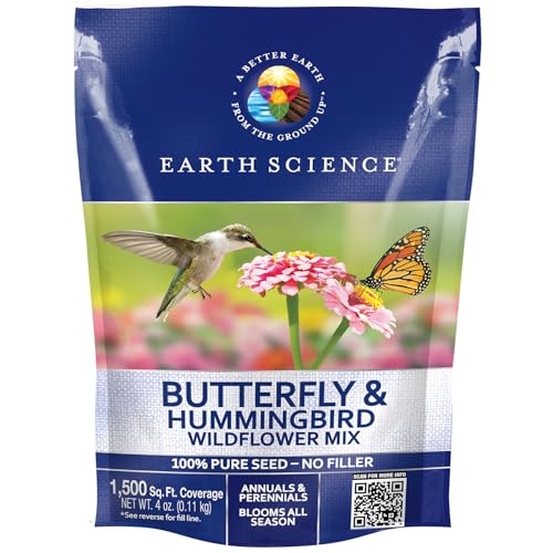 Earth Science Butterfly & Hummingbird Wildflower Seed Blend - 4oz - Premium Flower Seeds to Attract Bees, Butterflies, Hummingbirds & Native Pollinators - Non GMO