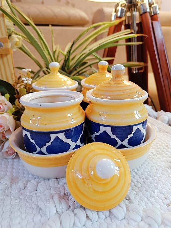 Image of Niyara Multipurpose Storage Ceramic Pickle set Jars with Lid & tray (Set of 4, 300 ml) (yellow Blue)