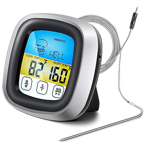 Thermomètre à viande numérique tactile avec longue sonde en inox et minuterie LCD pour cuisine