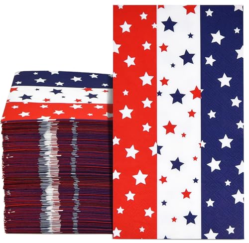 100 Pack Patriotic Red White and Blue Star Guest Napkins Disposable Bathroom Hand Towels for 4th of July Memorial Day Summer Parties