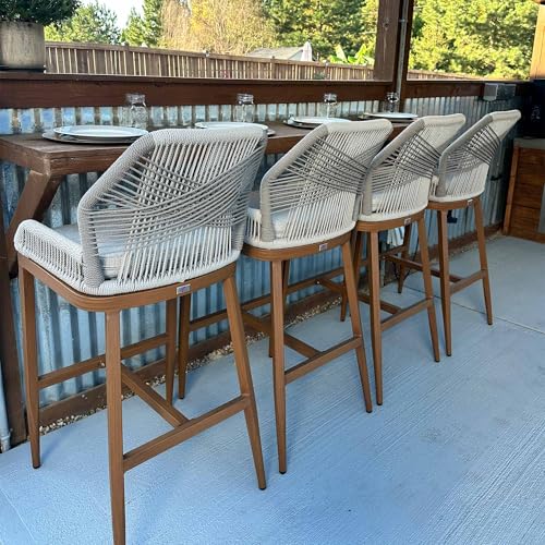 PURPLE LEAF Bar Stools Bar Height Set of 4 Outdoor Metal Accent Tall Barstools with Back Modern Wicker Rattan Boho Garden Pool Patio Bar Chairs