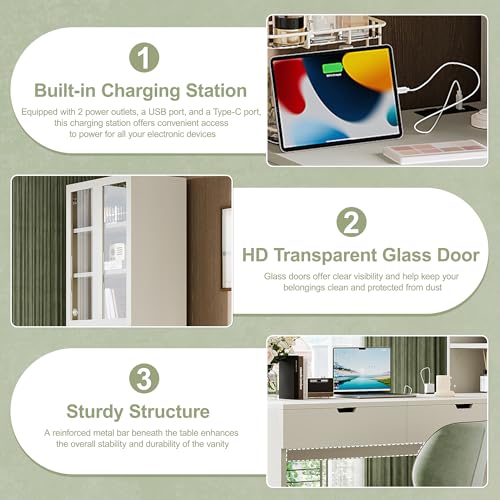 Image of JIVOIT Vanity Desk with Mirror, Versatile Makeup Dressing Table with 8 Hidden Storage Compartments, 3 Drawers, 2 Cabinets and Open Shelves, Glass Door, Computer Desk for Home Office
