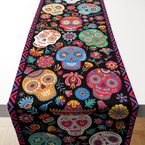 OHOME Dia De Los Muertos Decorations - Linen Sugar Skulls Table Runner | Day of The Dead Catrinas Ofrenda Table Decorations Tablecloth Supplies Backdrop for Mexican Altar De Muertos Indoor Outdoor