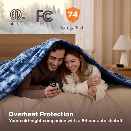 Image of Bedsure Faux Fur Electric Blanket Queen Size, Dual Control Heated Blanket Queen, Fast Heating Blanket with 10 Heating Levels & 10 Time Settings, Cozy Gifts for Women Men (84x90 inches, Denim Blue)