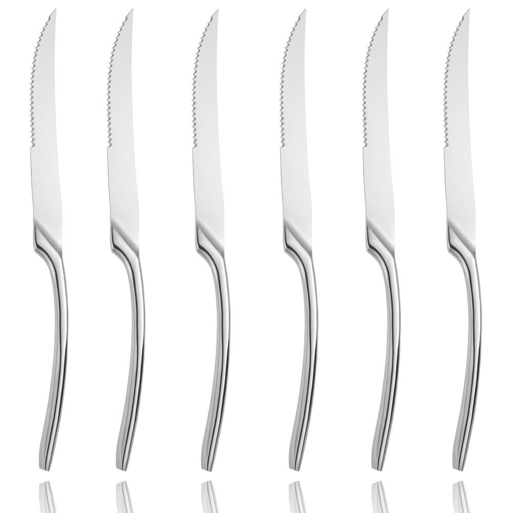 Lemeya Stainless Steel Steak Knives Set of 6,Forge Steak Knife,Serrated Steak Knives Set,6 Piece Heavy Steak Knives-10 inch,Mirror Polished,Dishwasher