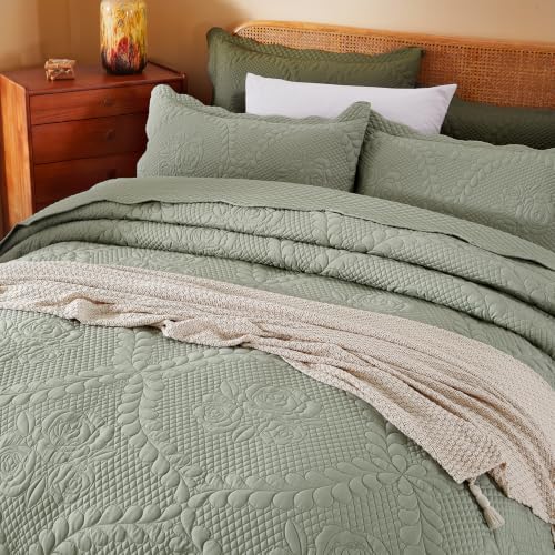Image of EVENHUG Oversized King Bedspreads California King Quilt Set with Pillow Shams Extra Wide Large King Size Quilts Lightweight Coverlet Bedding Sets Sage Green 120 inchx128 inch