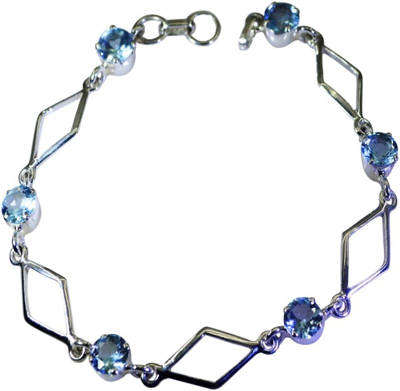 Natural Blue Topaz Inspirational Link Bracelets for Girls 925 Silver Spring Ring L 6.5-8 Inch