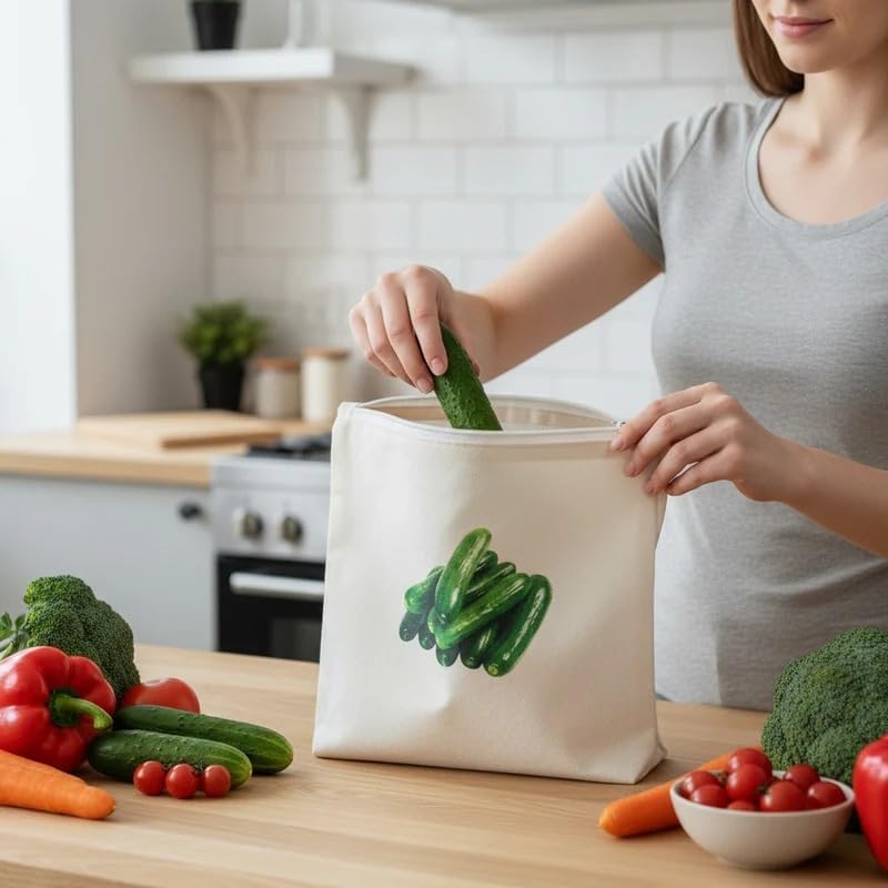Image of Khedu Fab100% Cotton Reusable Vegetable Bags for Fridge | Eco-friendly Storage Bags for Kitchen Organizer | 10 Pcs | Washable Breathable Zipper Cloth Bags for Vegetables | Vegetable Bag