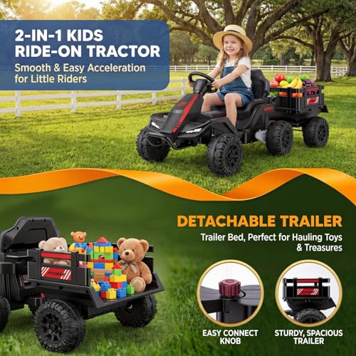 Image of Hikole 24V Ride on Toys Tractor for Kids 3+ w /Trailer, Electric Car, Black