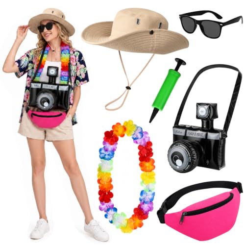 Honic 6Pcs Tacky Tourist Costume Including Funny Camera Prop Hat Garland Sunglasses Waist Bag for Halloween Tropical Summer Beach Luau Party Dress Up Supplies Multi
