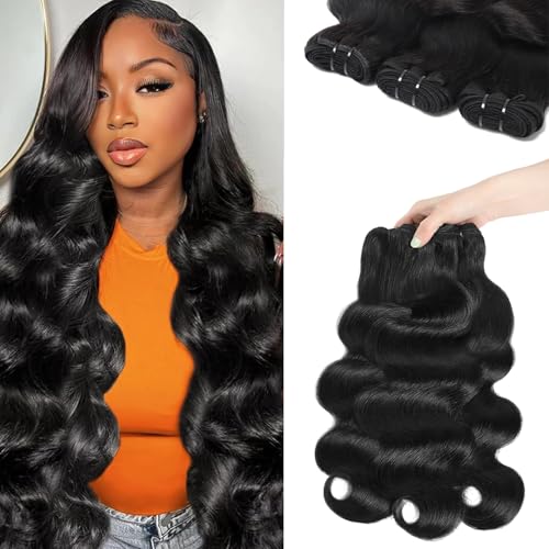 Body Wave Human Hair Bundles 24 26 28 Inch 12A Brazilian Virgin Human Hair Bundles Extensions for Women Curly Wave 3 Bundles Double Weft Natural Black