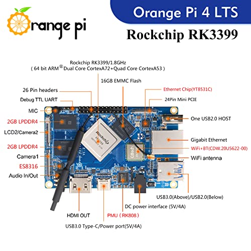 Orange Pi 4 Lts 4Gb Lpddr4 Rockchip Rk3399 Six Core Armr 64 Bit With 16Gb Emmc Flash, Single Board Computer Run Android, Ubuntu, Debian Os (Pi 4 Lts 4Gb +16Gb Emmc) #TOP1