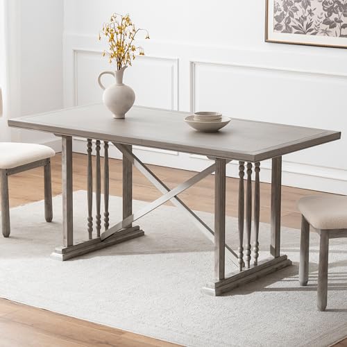 Chogori 63 Inch Solid Wood Dining Table for 4-6, Rectangular Farmhouse Kitchen Table with Solid Wood Legs, Large Rustic Wood Table for Dining Room, Breakfast Nook (Solid Wood Legs)