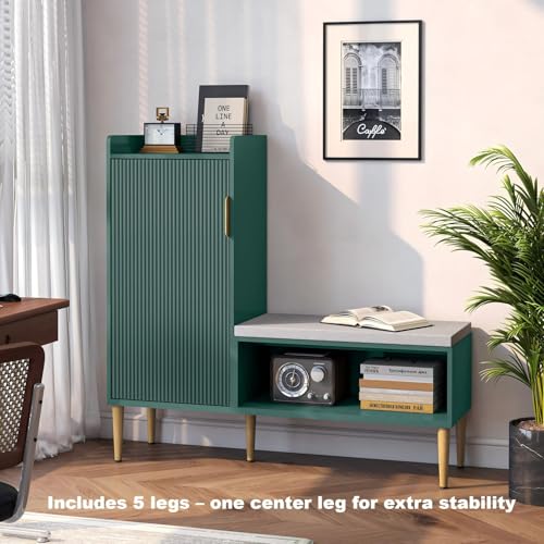 Image of Storage Bench with Fluted Door&Shelf, L-Shaped Entryway Bench | Green Modern Living Room Bench with Padded Seat, Small Shoe Organizer Cabinet for Hallway, Office