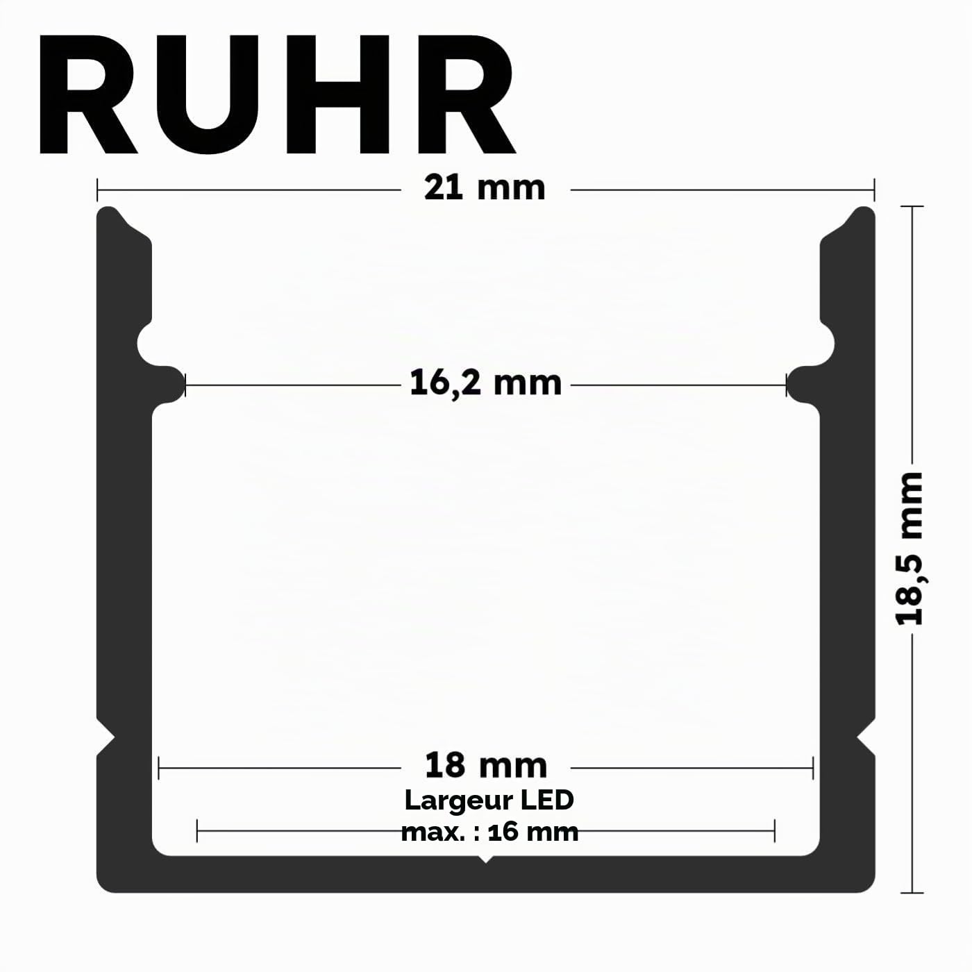 Profil LED de montage en surface noir - 2000 x 21 x 18,5 mm pour bandes LED larges jusqu'à 16 mm (par exemple pour Philips Hue) + couvercle noir + accessoires