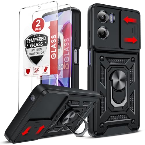 LeYi for Motorola Moto E15 4G/G05 Phone Case with Camera Cover Slider with 2 Tempered Glass Screen Protectors Ring Stand Holder Military Protective Armour Rugged Phone Cover for Moto E 15/GO5 Black