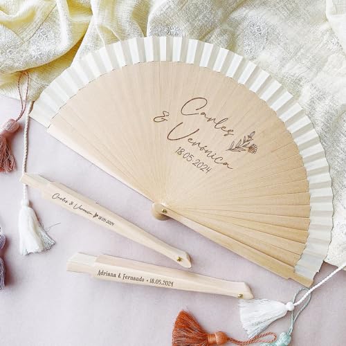 MONAMI - Pack 10 Abanicos Personalizados en Madera. Detalle para Boda, Bautizo o comunión. Grabamos Nombres y Fecha en Varilla y/o Frontal