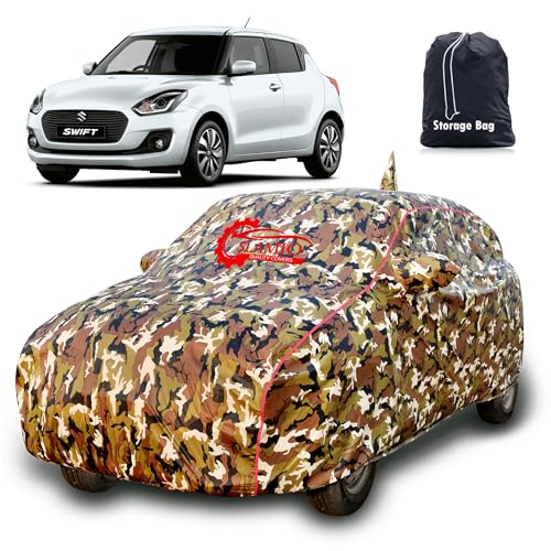 Image of Waterproof Car Body Cover for Maruti Suzuki Swift (2018-2026) with Mirror & Antenna Pocket, Soft Cotton Lining, Triple Stitched, Full Bottom Elastic, Free Bag, Jungle Print
